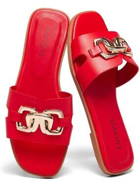 🆕Women's All Red Flat Slide Sandals Dressy Square Open Toe Slip On Beach